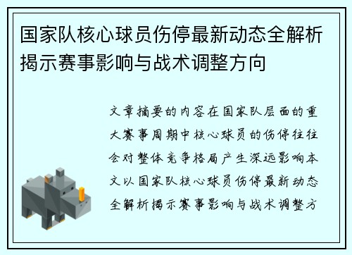 国家队核心球员伤停最新动态全解析揭示赛事影响与战术调整方向 国家队核心球员伤停最新动态全解析揭示赛事影响与战术调整方向